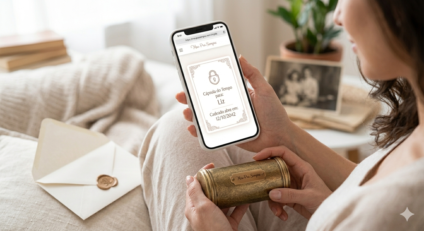 Cápsula do tempo digital com mensagem guardada para uma data futura