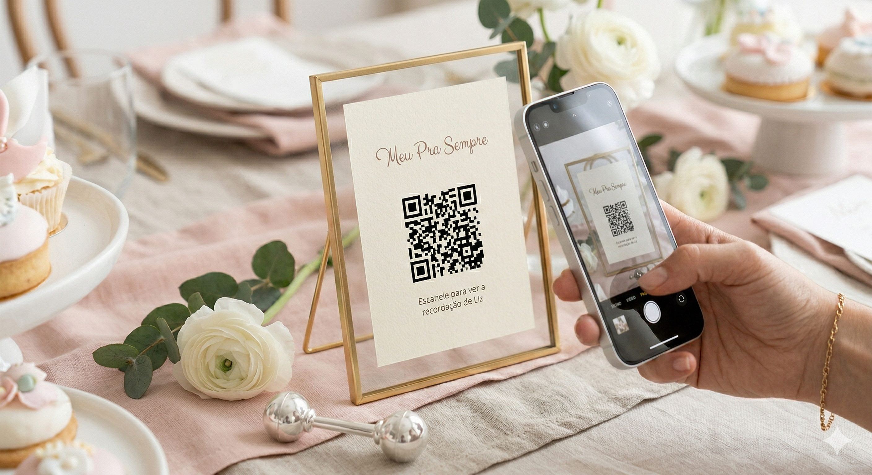 Mesa de chá de bebê com QR Code sendo escaneado